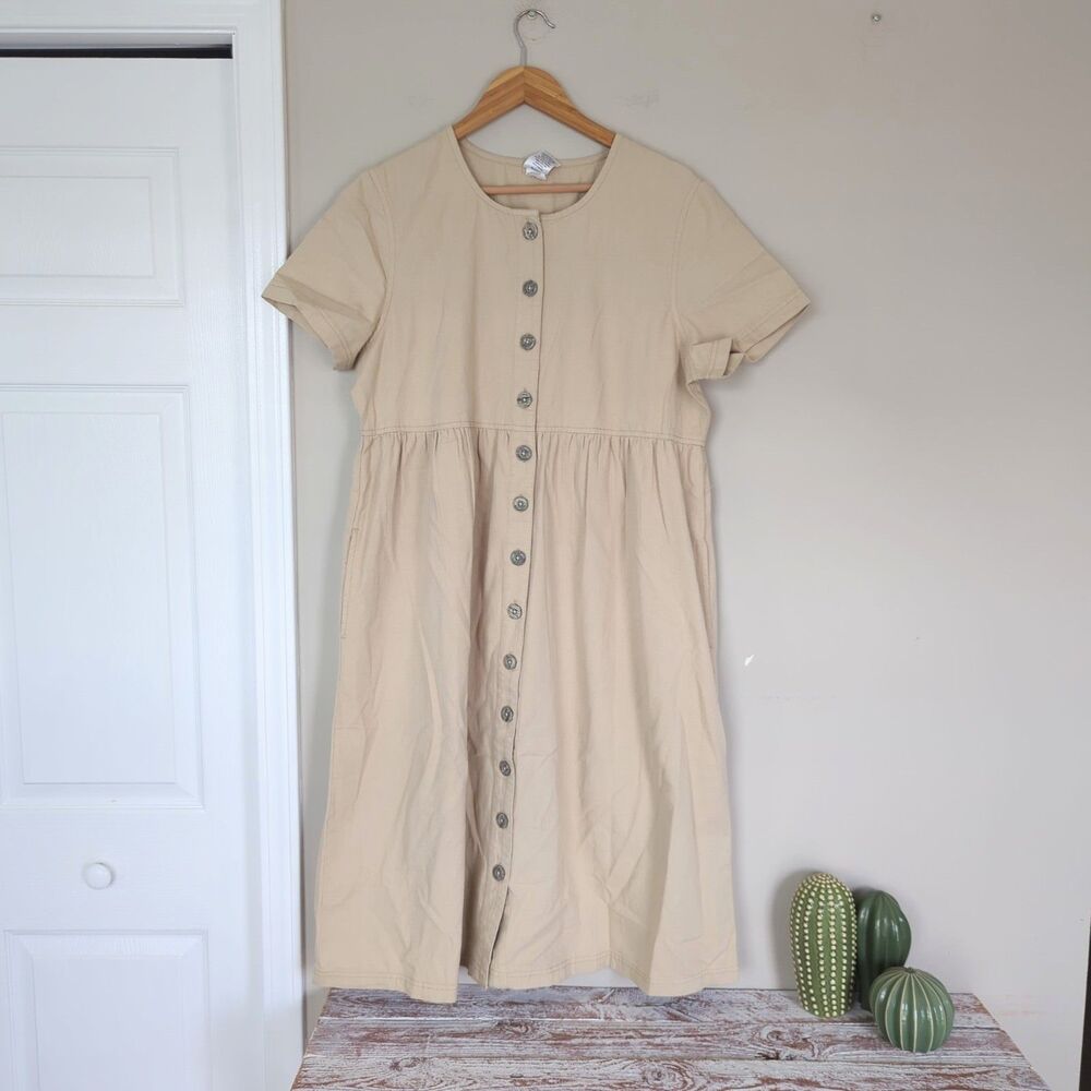 Blair Vintage Tan Full Button Down Short Sleeve Shirt Dress Lagenlook Boho NWOT